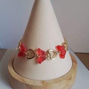 Gold and Red Heart Butterfly Bracelet